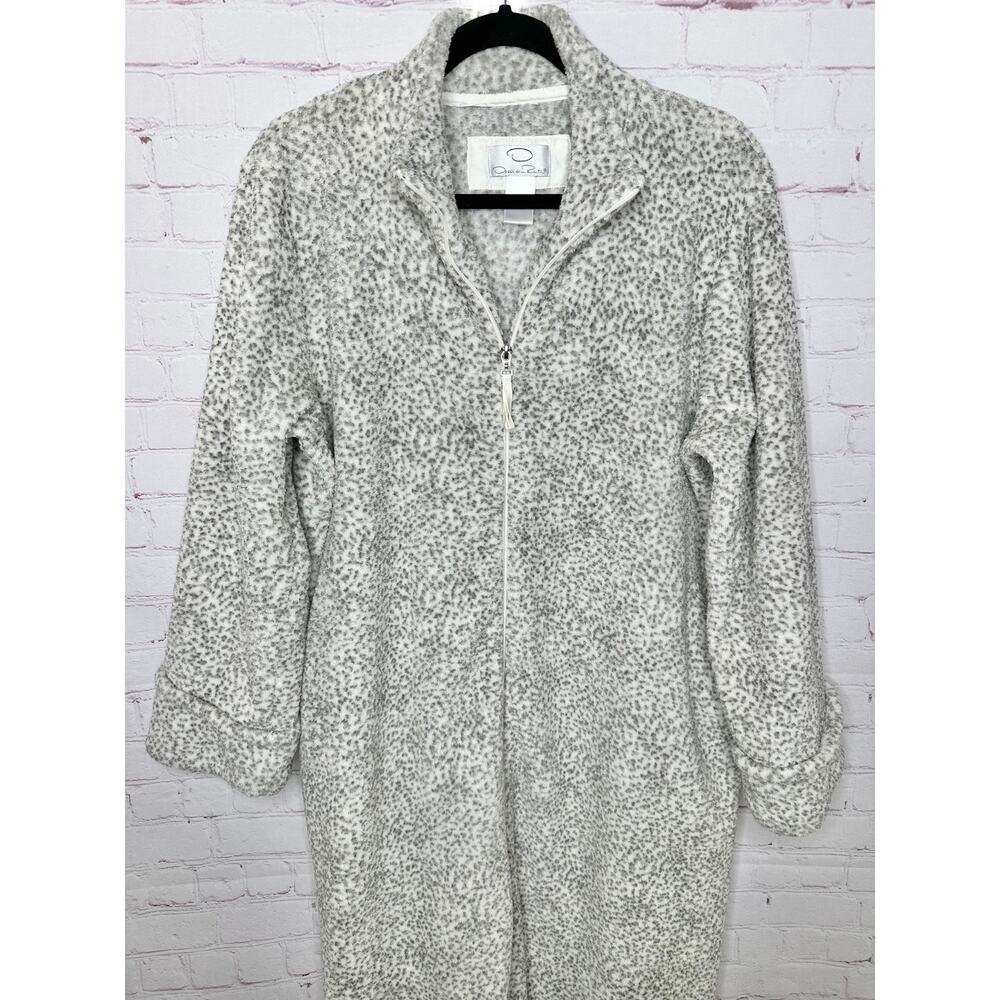 Oscar De La Renta White Gray Animal Print Fleece Zip Robe Women's XL Housecoat - Picture 2 of 9